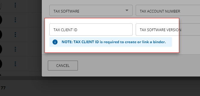 Note indicating that the tax client ID is required to create or link a binder.