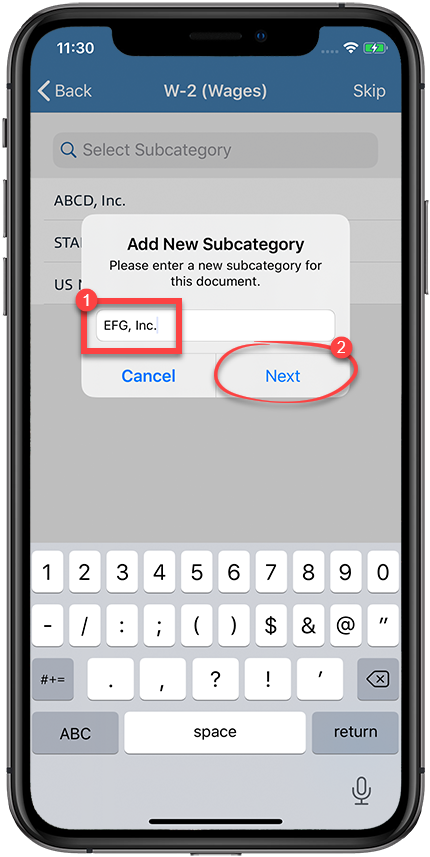 Enter the new subcategory and select Next