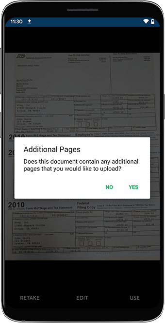 Additional Pages window asking user if the document has additional pages