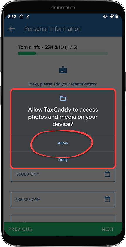 Allow TaxCaddy access to photos on your device