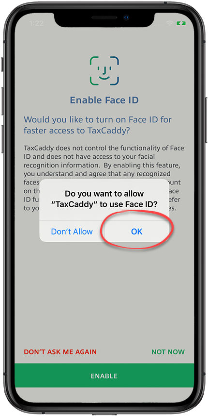 Select OK to allow Face ID