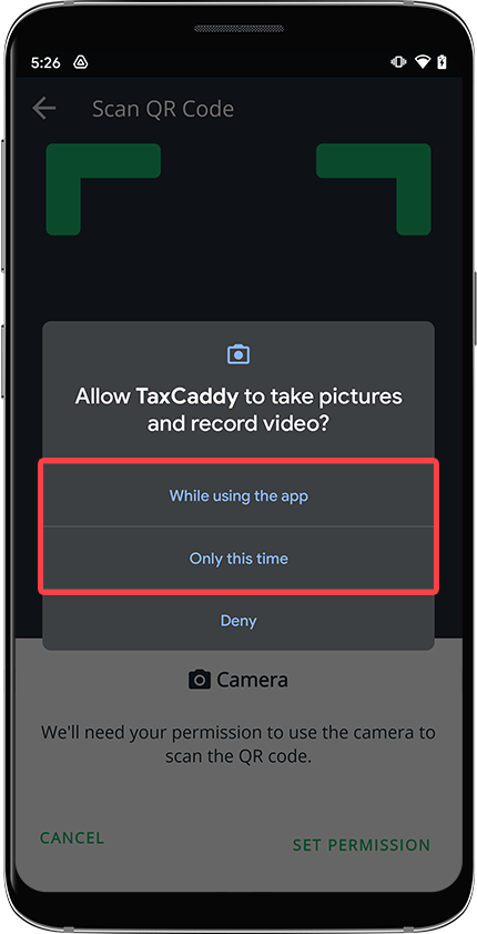 Set TaxCaddy camera permissions