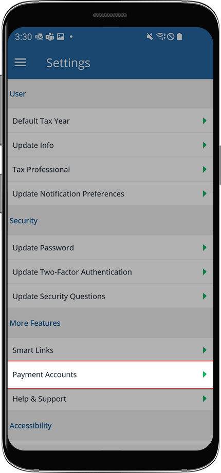 Payment Account section of the Android settings