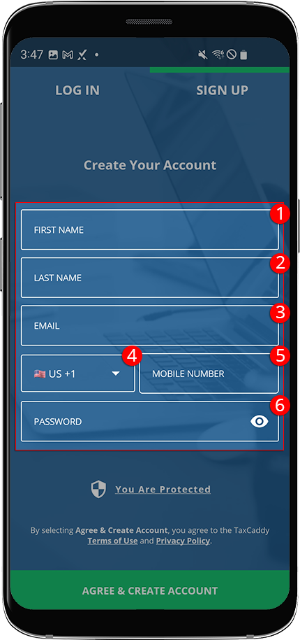 Sign Up fields on Android