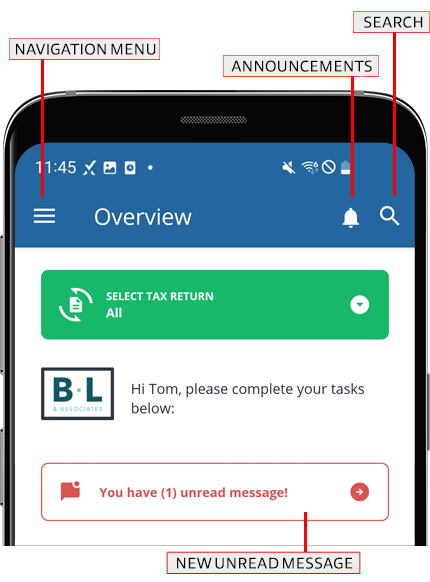 Announcements, Menu, Search, and Messages icons