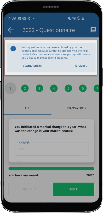 Notification that your questionnaire has been archived by your tax professional