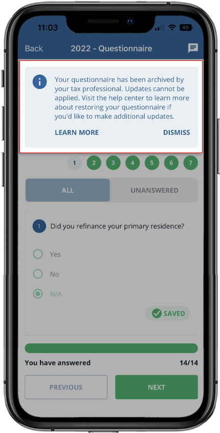 Notification that your questionnaire has been archived by your tax professional