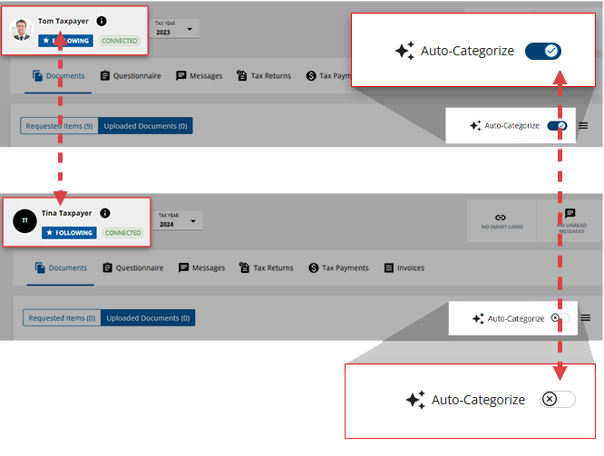 Diagram of the Auto-Categorization toggle status not persisting across different client profiles