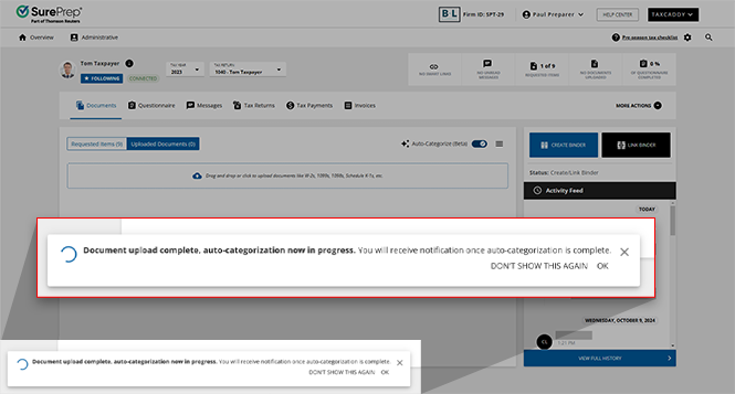Notification that Auto-Categorization is in progress 