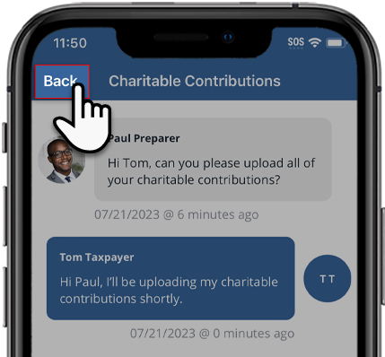 Select Back to return to other message threads