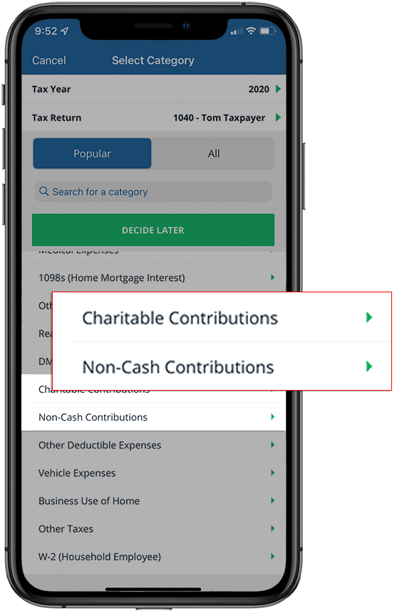Select Charitable Contributions or Non-Cash Contributions as the subcategory
