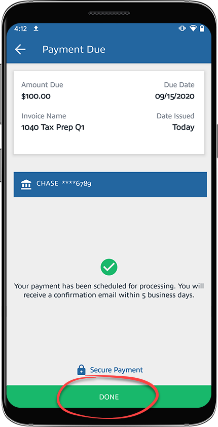 Charge submitted screen. Select DONE to exit