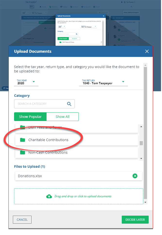 Select Charitable Contributions as the category