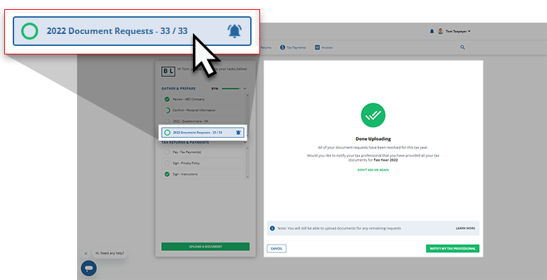 Completed document uploads in the task list