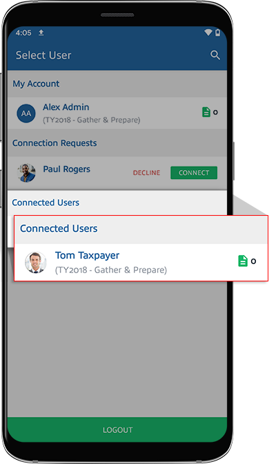 Connected Users on the "Select User" screen