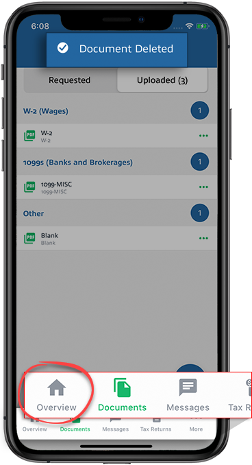 Notification that the document has been deleted. Select Overview to return to your task list