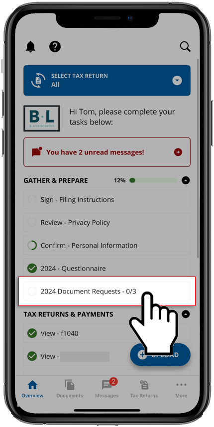 Document Requests tile on the task list