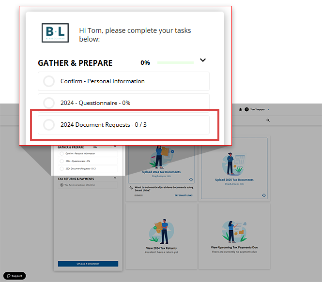 Document Requests tile on the task list