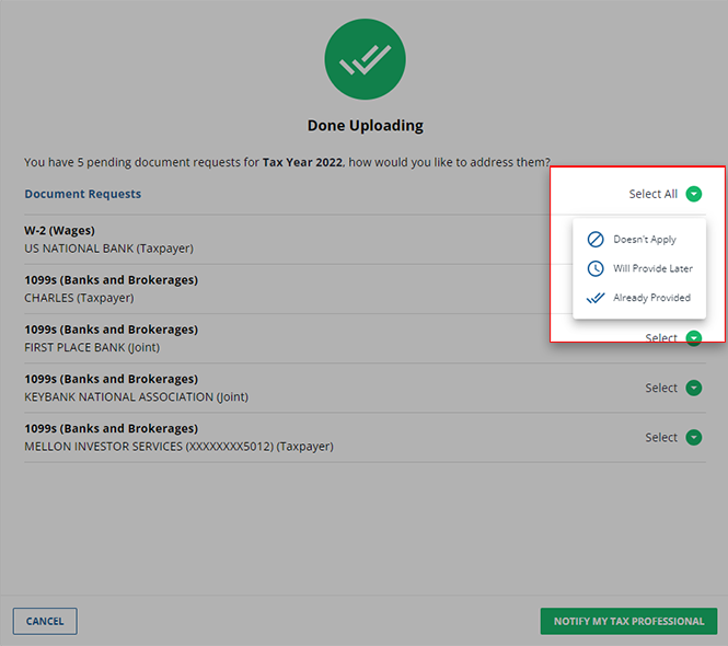 Select your option to address pending document requests