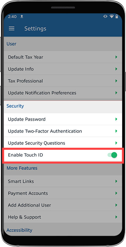 Select the Enable Touch ID toggle to turn Touch ID on