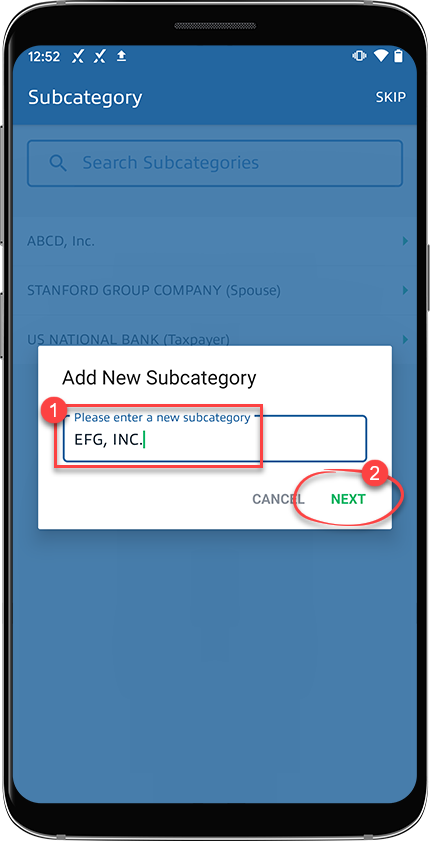 Enter your subcategory then select NEXT