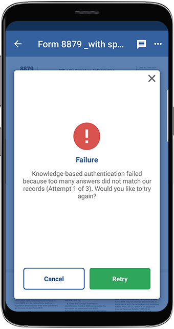 Notification that you've failed to complete the knowledge-based authentication