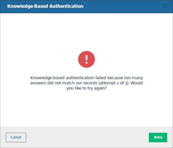 Knowledge-Based Authentication window notifying you of a failed authentication