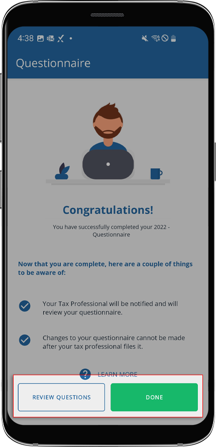 Screen that appears after completing the questionnaire