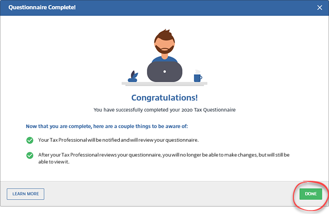 Questionnaire Completed window
