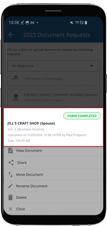 FORM COMPLETED badge on a completed form