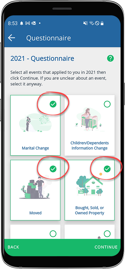 Select applicable life-changing events