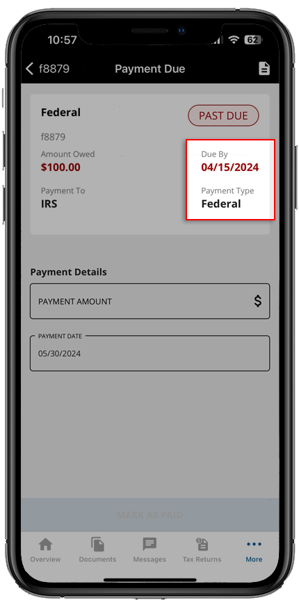 Due By and Payment Type information for tax payment