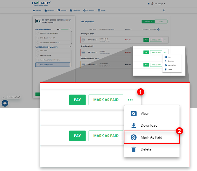 Select Mark as Paid from the tax payment menu