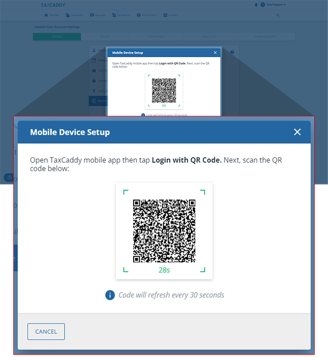 Mobile Device Setup window displaying QR code