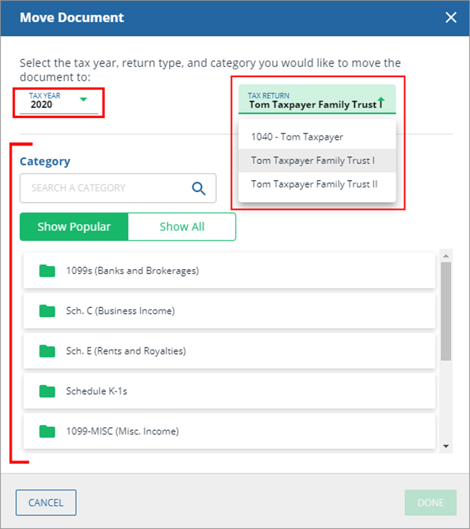 Move Document window to specify where you will move the document