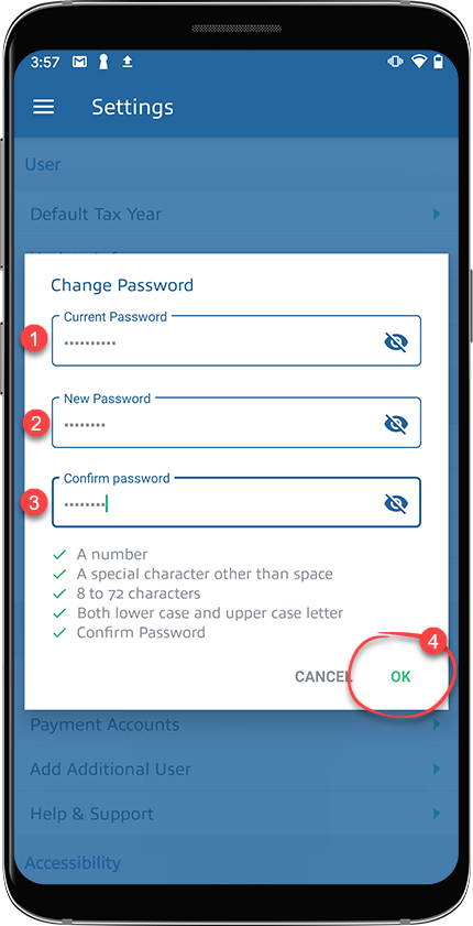Provide your current password, new password and confirm your new password, then select OK