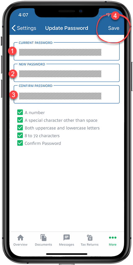 Provide your current password, new password and confirm your new password, then select Save