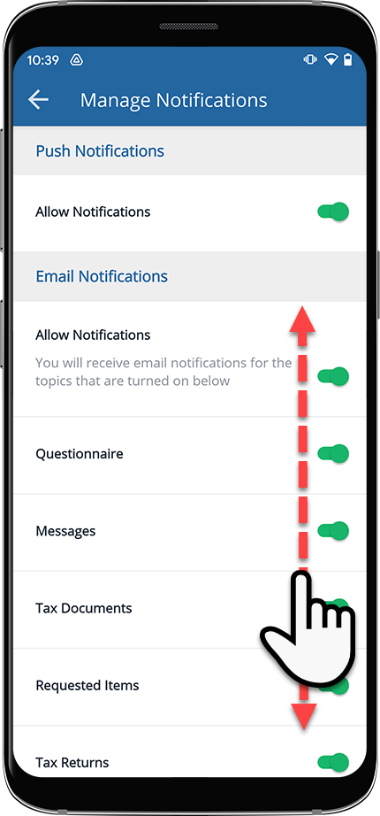 Scroll through the notification categories