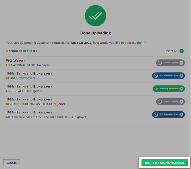 Select NOTIFY MY TAX PROFESSIONAL