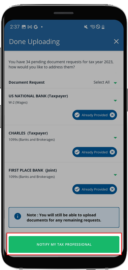 Select NOTIFY MY TAX PROFESSIONAL