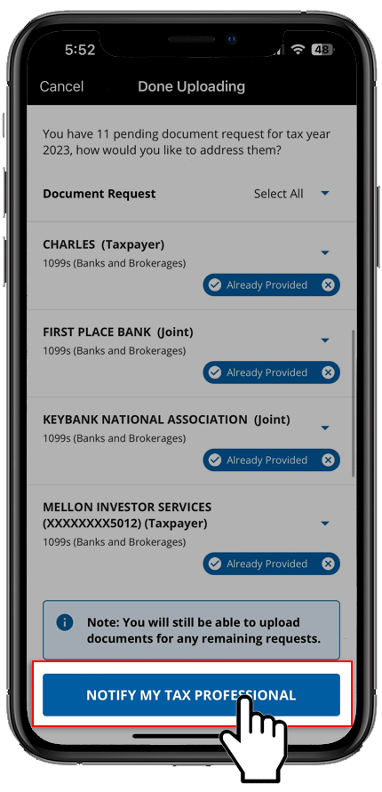 Select NOTIFY MY TAX PROFESSIONAL