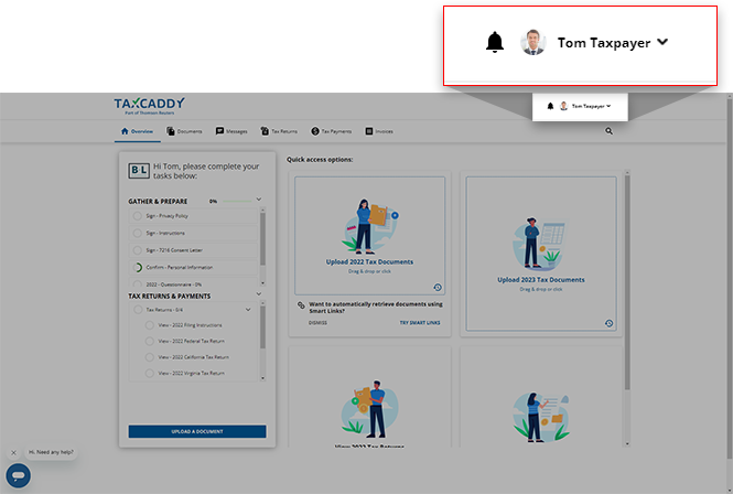 User menu on the Overview screen