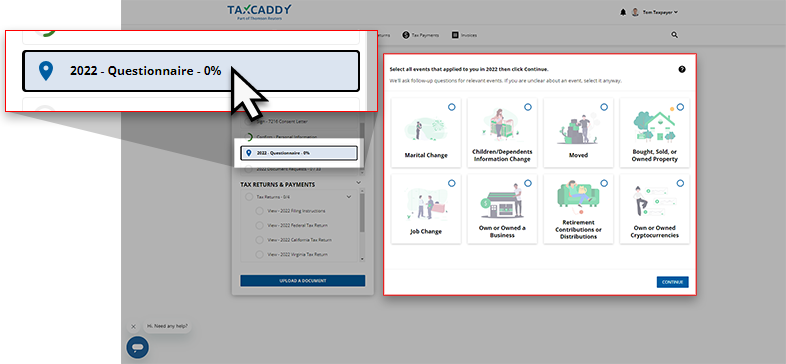 Questionnaire on the Overview screen