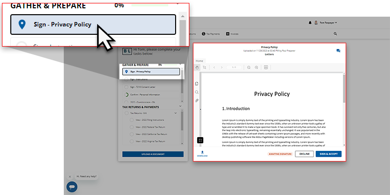 Sign task on the Overview screen