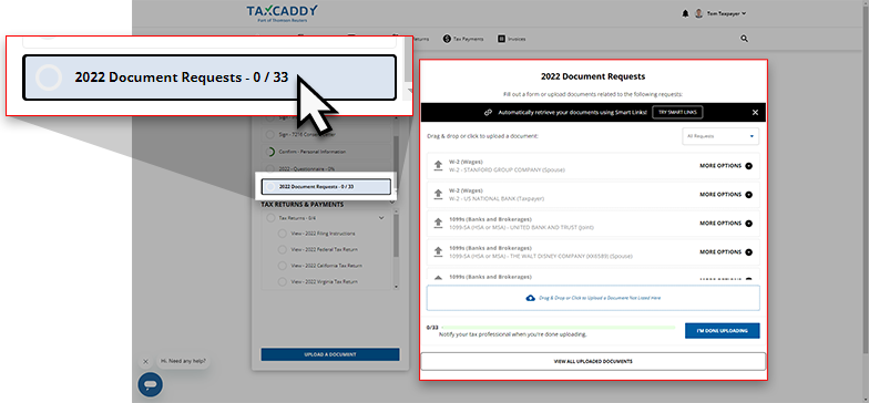 Document request on the Overview screen