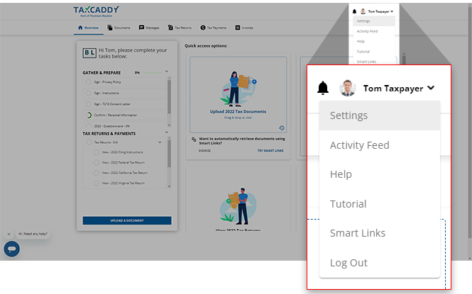 Expanded user menu on the Overview screen
