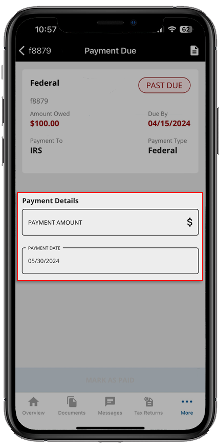 Payment Details for the tax payment