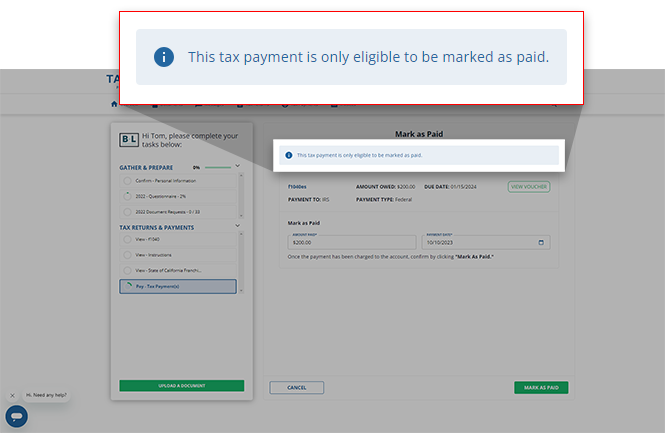 Notification that the tax payment is only eligible to be marked as paid