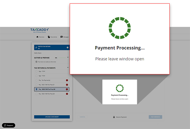 Payment processing screen