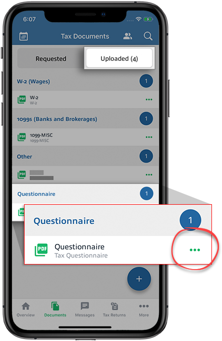 Questionnaire document in the Upload document section
